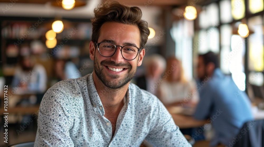 Poster Photo concept of a man in a professional office environment, smiling warmly while engaging in a discussion with colleagues Generative AI