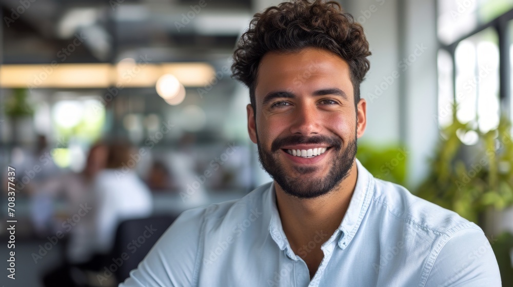 Poster Photo concept of a man in an office cubicle, smiling confidently while working on paperwork and interacting with colleagues Generative AI