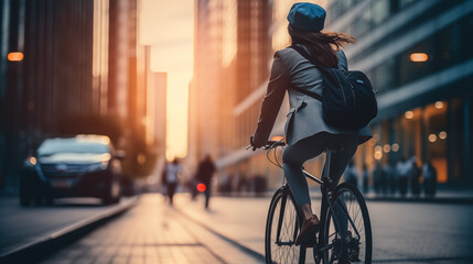 Business woman drives a bicycle in the city. - obrazy, fototapety, plakaty