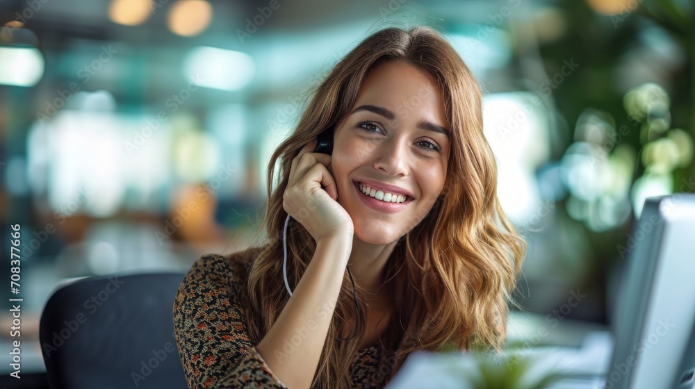 Poster photo concept of a woman in an office cubicle, smiling brightly while talking on the phone and multi
