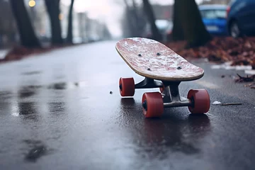 Tuinposter a skateboard on a snowy surface © ArtistUsman