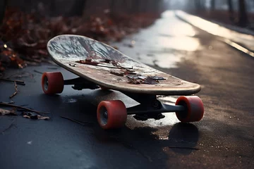 Keuken spatwand met foto a skateboard on a snowy surface © ArtistUsman