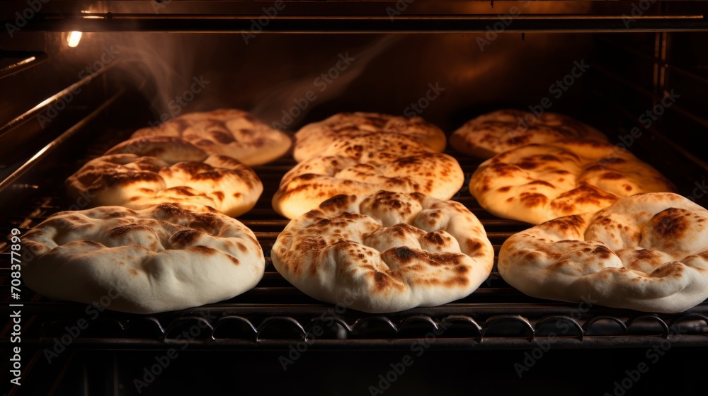 Poster pita breads puffing up in the oven, displaying their characteristic pocket formation generative ai