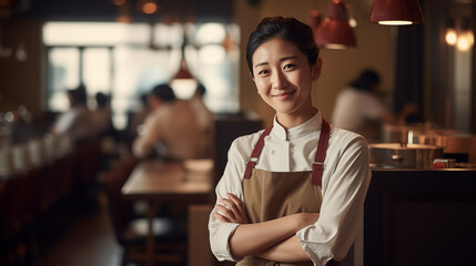 Obraz premium Asian female waitress smiling with confidence in restaurant.