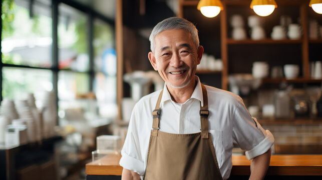 Old Asian man smiling with confidence in a coffee shop.