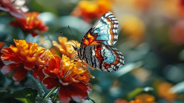 Witness the enchanting dance of a butterfly on a vibrant flower, captured in perfect lighting for a super-realistic