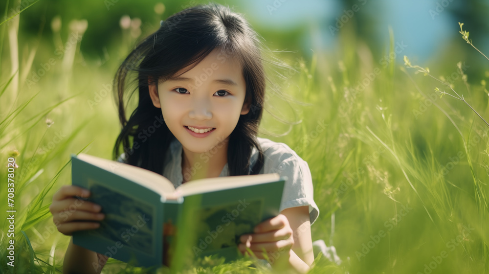 Wall mural asian girl reading a book on the lawn.