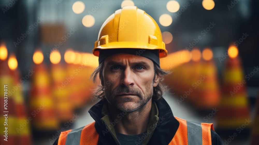 Poster portrait of a road worker with safety cones, organizing traffic flow, ensuring safety at a construct