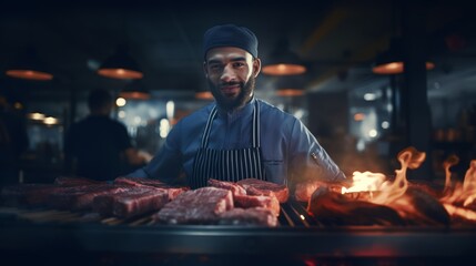 Portrait of a male chef grilling steak, using a grill station, precision cooking at a restaurant Generative AI - obrazy, fototapety, plakaty