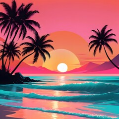Fototapeta na wymiar vector beach scene with sunset, palm sunday, Generated AI