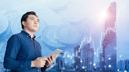 Business man with modern city money and stock chart background for smart vision future financial...