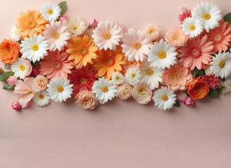 Obraz premium Beautiful flower composition on pastel background with copy space for Valentine's, Women's Day or Mother's Day 