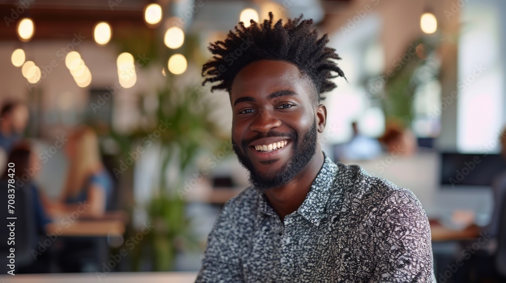 Poster Realistic depiction of a man in a modern office space, smiling brightly while collaborating with coworkers at a shared workspace Generative AI
