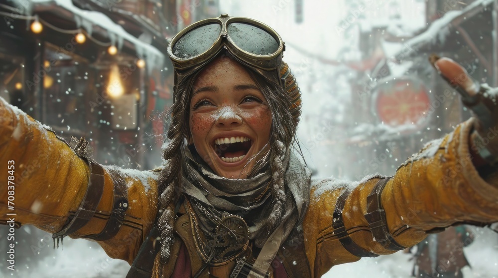 Poster Realistic depiction of a post-apocalypse person in steampunk attire, exuding joy and optimism despite the harsh environment Generative AI