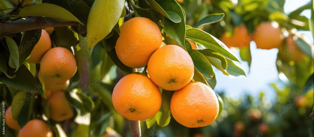 Poster cluster of grapefruits on a tree.