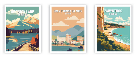 Keswick Lake, Gran Canaria Islands, Zakynthos Illustration Art. Travel Poster Wall Art. Minimalist Vector art - obrazy, fototapety, plakaty