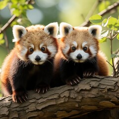 Two red pandas sitting on a tree branch - obrazy, fototapety, plakaty