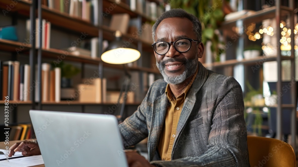 Poster Realistic photo concept of a man in an office, sitting at a desk and smiling pleasantly while working on a laptop Generative AI