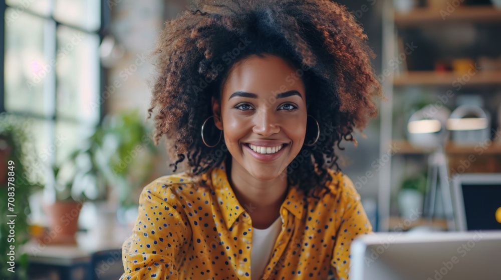 Poster realistic photo concept of a woman in an office, sitting at a desk with a bright smile while working