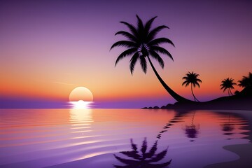 Fototapeta na wymiar vector beach scene with sunset, palm sunday, Generated AI