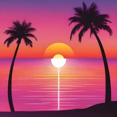 Küchenrückwand glas motiv vector beach scene with sunset, palm sunday, Generated AI © mdabu