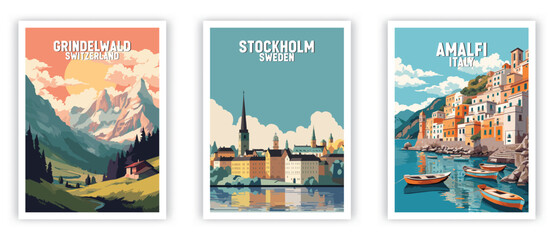 Stockholm, Amalfi, Grindelwald Illustration Art. Travel Poster Wall Art. Minimalist Vector art - obrazy, fototapety, plakaty