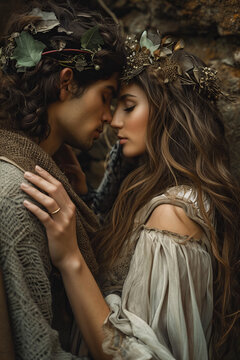 
Fantasy romance couple . Beautiful fae man and human woman . Fantasy medieval setting
