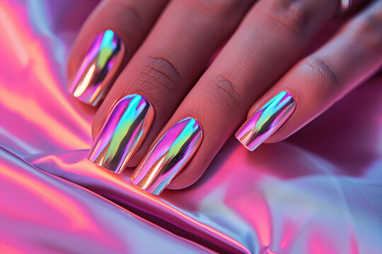 Nail art, iridescent chrome design, pastel background