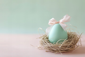Easter egg with a big bow . in the nest. Pastel colors . Copy space . Advertising Easter product photography or newborn,baby shower concept