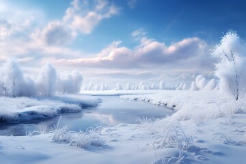 A frozen lake in a forest covered with snow