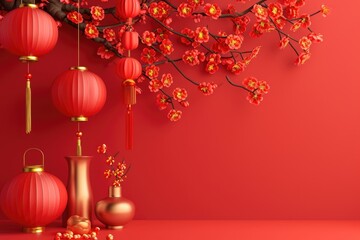 3d China new Year   upon golden color floating clouds with hanging lanterns background, Happy New Year