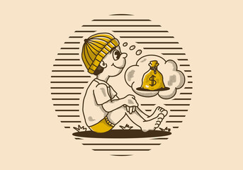 Obraz na płótnie Canvas Retro character illustration of a beanie boy sitting and daydreaming