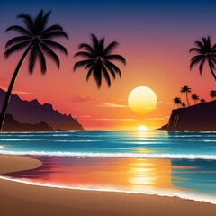Obraz premium vector beach scene with sunset, palm sunday, Generated AI