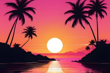 Fotobehang vector beach scene with sunset, palm sunday, Generated AI © mdabu