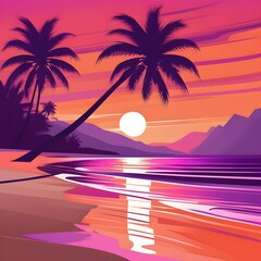 vector beach scene with sunset, palm sunday, Generated AI