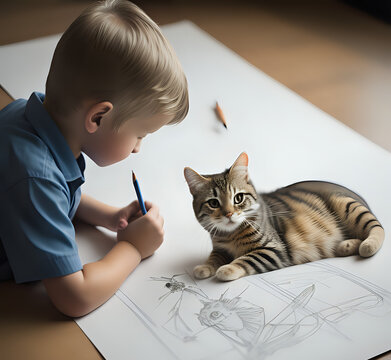 The boy makes sketches with an old fountain pen, cat is sitting near. child artist, cat companion, creativity concept, drawing session,