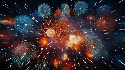 Slow-motion video showcasing the intricate patterns and shapes of exploding fireworks. Generative AI