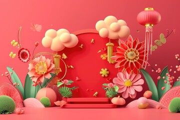 3d China new Year   upon golden color floating clouds with hanging lanterns background, Happy New Year
