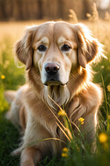 A golden retriever in the grass, spring meadow full of colorful flowers