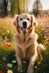 Obraz premium A golden retriever in the grass, spring meadow full of colorful flowers