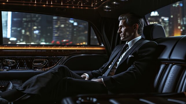 Suited businessman, cityscape backdrop, luxurious limousine interior, realistic lighting, detailed photorealism Generative AI