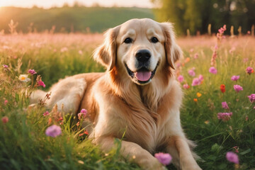 A golden retriever in the grass, spring meadow full of colorful flowers