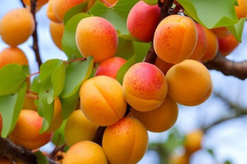 apricot tree. tree branches with large orange apricot fruits close-up, fruit concept