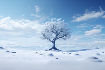A beautiful tree covered with snow in a minimalistic winter landscape