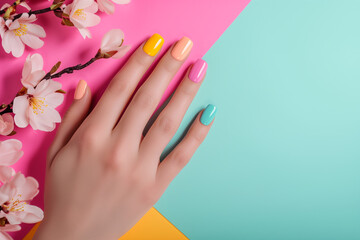 Multi-colored pastel manicure combined tone on tone with a striped background.Nail art. Female hands with trendy colorful French manicure are lying on bright multicolored background. Copy space  - obrazy, fototapety, plakaty