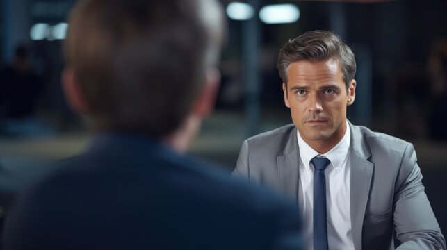 Two men talking in the TV Studio. Interviewer portrait on a blurred background