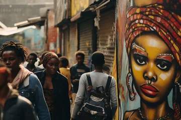 Selbstklebende Fototapeten Street scene with mural of African woman. Black History Month relevance. Cultural expression and urban art. Public art display celebrating African heritage © Alexey