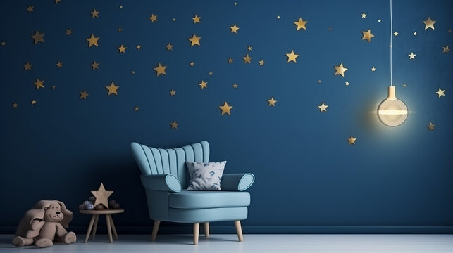 view of kids living room with round side table on blue wall with stars background. 3d rendering.