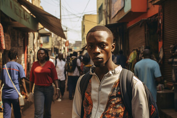 Fototapeta premium Serious young African man on urban street with murals. Contemporary life and thoughtful expression. Cultural identity and youth theme for Black History Month.