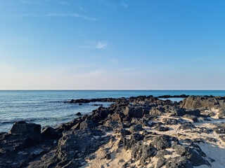 This is a Jeju seascape with basalt rocks.